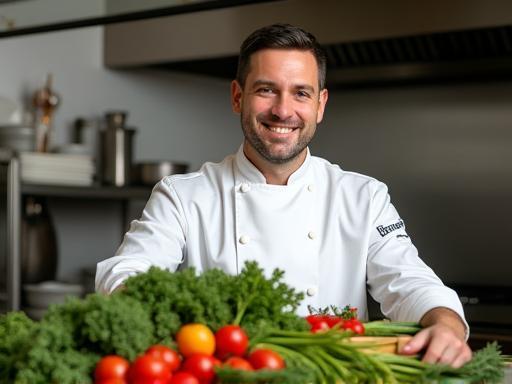 Chef smiling with fresh ingredients in kitchen, with a subtle hint of the Vatican dome in the background