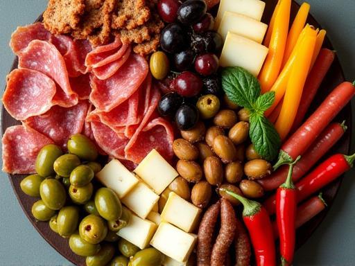 Colorful platter of Italian antipasti including cured meats and cheeses