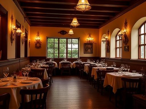 Cozy restaurant interior with tables set and warm lighting