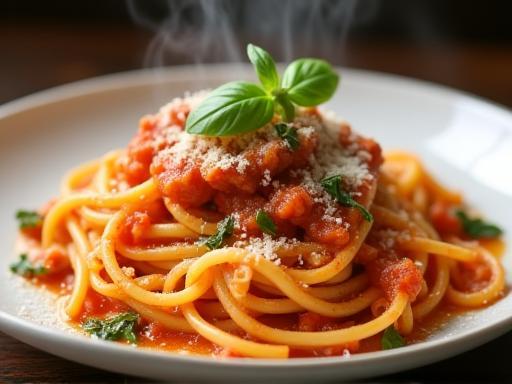 Delicious looking pasta dish, possibly Amatriciana or Carbonara