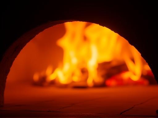 Traditional pizza oven with flames inside
