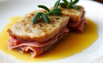 Plate of Saltimbocca alla Romana, showing veal, prosciutto, and sage