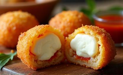 Several fried Supplì rice balls broken open to show the melting mozzarella center