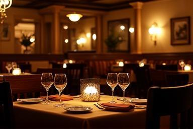 Interior view of dining area with warm lighting and set tables