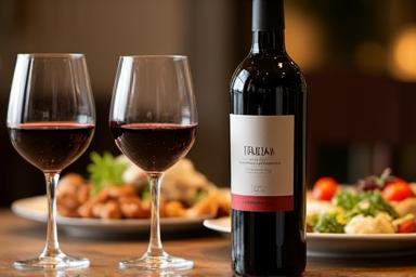 Wine bottle and two glasses on a table with food in the background